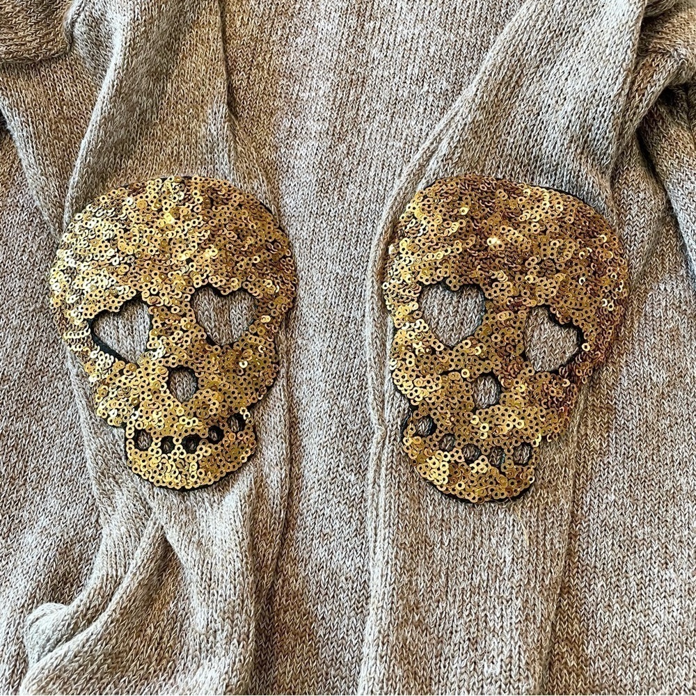 Shelly Brown & Gold Knit Sequin Skull Long Sleeve High Low Tunic Top Small